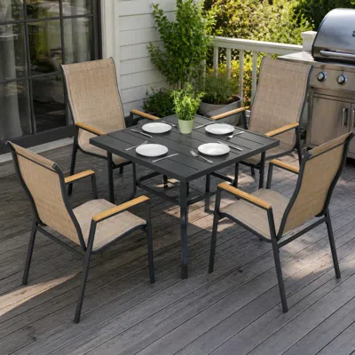 Ashley Nuu Garden Outdoor Dining Table And 4 Arm Chairs In Brown/black