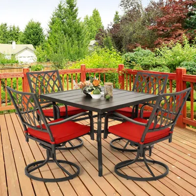 Ashley Nuu Garden Outdoor Modular Dining Table And 4 Swivel Chairs In Black/red