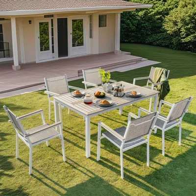 Ashley Nuu Garden Outdoor Patio Dining Table And 6 Chairs In Light Gray