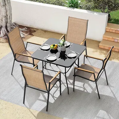 Ashley Nuu Garden Outdoor Stackable Dining Table And 4 Chairs In Light Brown