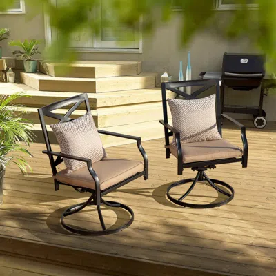 Ashley Nuu Garden Swivel Dining Chairs With Cushions (set Of 2) In Black/beige