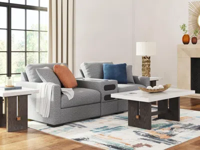 Ashley Omaha By  3-piece Modular Next-gen Nuvella™ Performance Fabric Loveseat With Audio Console In Salt And Pepper