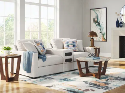 Ashley Omaha By  3-piece Modular Next-gen Nuvella™ Performance Fabric Loveseat With Audio Console In Stone