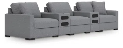 Ashley Omaha By  5-piece Modular Next-gen Nuvella™ Performance Fabric Sectional With Audio Consoles In Salt And Pepper
