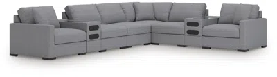 Ashley Omaha By  8-piece Modular Next-gen Nuvella™ Performance Fabric Sectional With Audio Consoles In Salt And Pepper