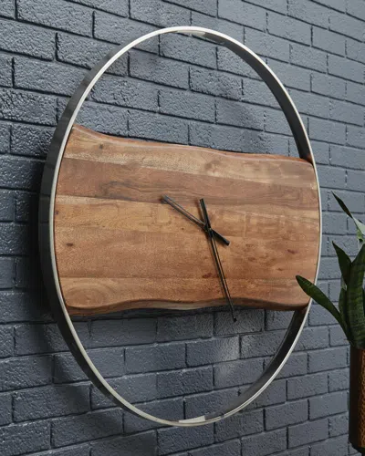 Ashley Panchali Wood And Metal Wall Clock In Brown/silver Finish