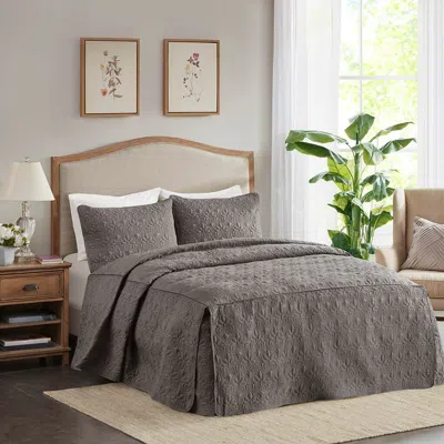 Ashley Quebec King 3 Piece Split Corner Pleated Quilted Bedspread In Dark Gray