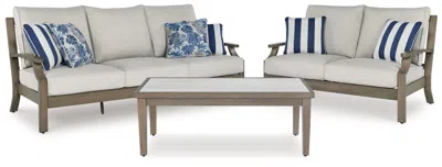 Ashley Rainier Ranch Outdoor Sofa And Loveseat With Coffee Table In Brown/beige