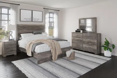 Ashley Ralinksi Queen Panel Bed With Mirrored Dresser And Nightstand In Gray