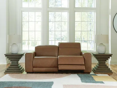 Ashley Rally-up 2-piece Dual Power Leather Reclining Modular Loveseat Leather In Caramel