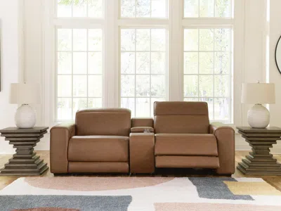 Ashley Rally-up 3-piece Dual Power Leather Reclining Modular Loveseat With Console Leather In Caramel