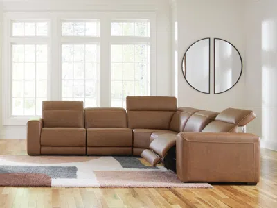 Ashley Rally-up 5-piece Dual Power Leather Reclining Modular Sectional In Caramel