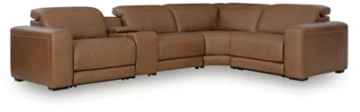 Ashley Rally-up 5-piece Dual Power Leather Reclining Modular Sectional With Console In Caramel