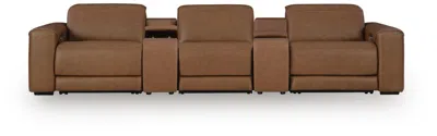 Ashley Rally-up 5-piece Dual Power Leather Reclining Modular Sectional With Consoles In Caramel
