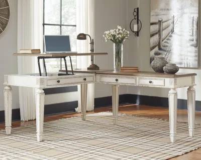 Ashley Realyn 60" L-shaped Home Office Lift Top Desk With Usb Charging In White/brown