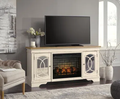 Ashley Realyn 74" Tv Stand With Electric Fireplace In Chipped White