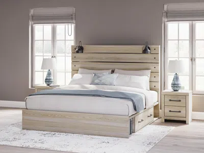 Ashley Senbry King Panel Bed With 2 Storage Drawers And Cubbies In Tan