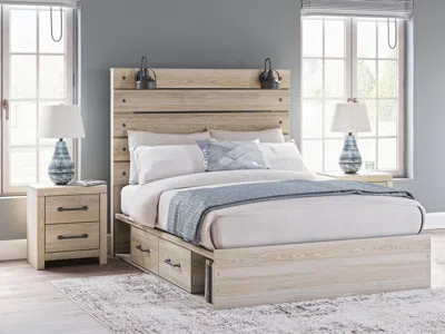 Ashley Senbry Queen Panel Bed With 4 Storage Drawers And Cubbies In Tan
