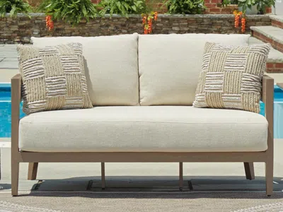 Ashley Serene Bay Outdoor Loveseat With Cushion In Dark Brown/white