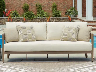 Ashley Serene Bay Outdoor Sofa With Cushion In Dark Brown/white