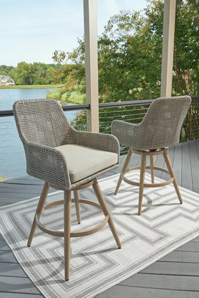 Ashley Seton Creek Outdoor Bar Height Barstool With Cushion (set Of 2) In Beige/gray