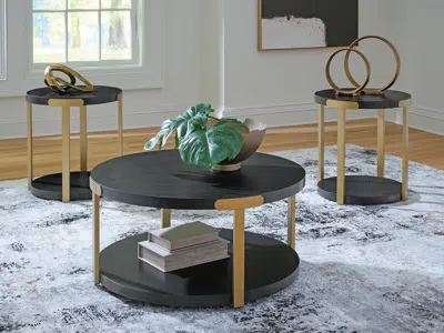 Ashley Shylore Table (set Of 3) In Black/brass Finish