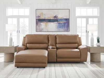 Ashley Silverbrooke 3-piece Leather Dual Power Reclining Modular Sectional With Chaise And Console In Caramel