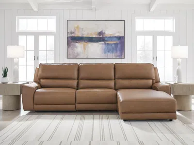 Ashley Silverbrooke 3-piece Leather Dual Power Reclining Modular Sectional With Chaise In Caramel