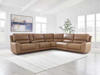 Ashley Silverbrooke 6-piece Leather Dual Power Reclining Modular Sectional With Console In Caramel