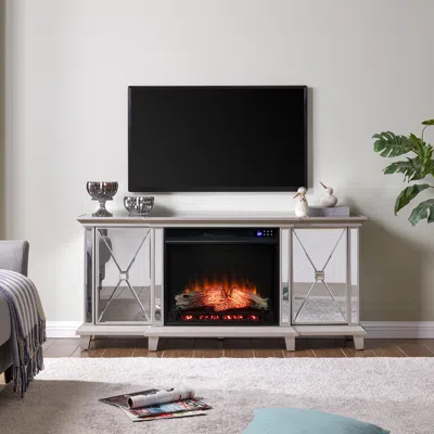Ashley Southern Enterprises Veda Mirrored 58" Tv Stand With Touch Screen Electric Fireplace In Silver