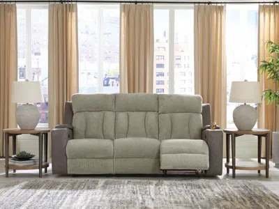 Ashley Stately Check Dual Power Reclining Sofa In Sisal