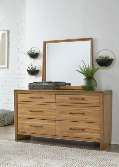 Ashley Takston 6 Drawer Dresser And Mirror In Light Brown