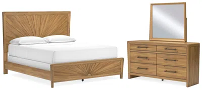 Ashley Takston California King Panel Bed With Mirrored Dresser In Light Brown