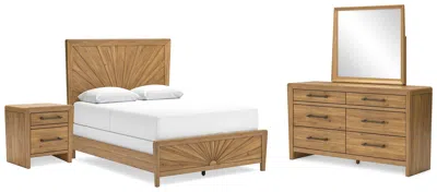 Ashley Takston Queen Panel Bed With Mirrored Dresser And Nightstand In Light Brown