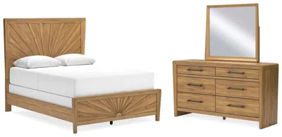 Ashley Takston Queen Panel Bed With Mirrored Dresser In Light Brown