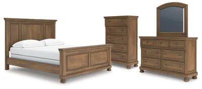 Ashley Vandenmore California King Panel Bed With Mirrored Dresser And Chest In Medium Brown