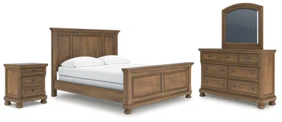 Ashley Vandenmore California King Panel Bed With Mirrored Dresser And Nightstand In Medium Brown