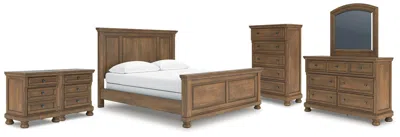 Ashley Vandenmore California King Panel Bed With Mirrored Dresser In Medium Brown
