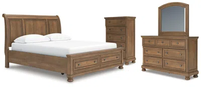 Ashley Vandenmore California King Storage Sleigh Bed With Mirrored Dresser And Chest In Medium Brown
