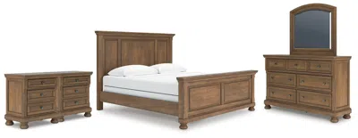 Ashley Vandenmore King Panel Bed With Mirrored Dresser And 2 Nightstands In Medium Brown