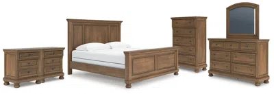 Ashley Vandenmore King Panel Bed With Mirrored Dresser In Medium Brown