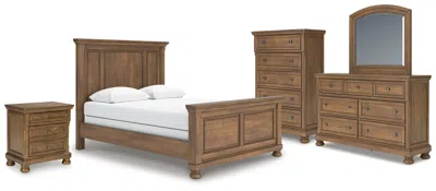 Ashley Vandenmore Queen Panel Bed With Mirrored Dresser In Medium Brown