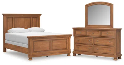 Ashley Vandenmore Queen Panel Bed With Mirrored Dresser In Medium Brown