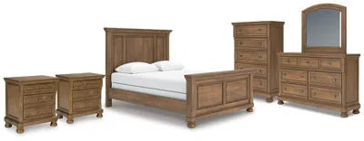 Ashley Vandenmore Queen Panel Bed With Mirrored Dresser In Medium Brown