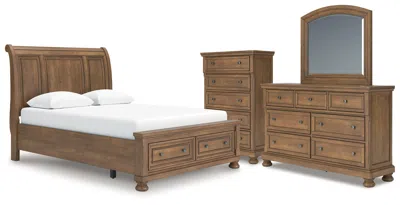 Ashley Vandenmore Queen Storage Sleigh Bed With Mirrored Dresser And Chest In Medium Brown