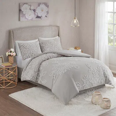 Ashley Veronica Full/queen 3 Piece Tufted Chenille Floral Comforter Set In Gray/white