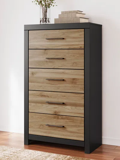 Ashley Vertani 5 Drawer Chest Of Drawers In Black/honey Brown