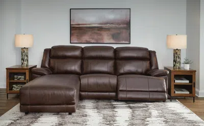 Ashley Vonkurt 3-piece Power Leather Reclining Modular Sofa Chaise In Dark Brown