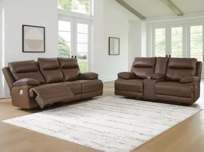 Ashley Vonryan Dual Power Leather Reclining Sofa And Loveseat In Tobacco
