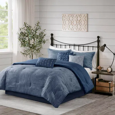Ashley Walter Queen 7 Piece Printed Seersucker Comforter Set In Navy
